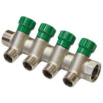 Коллектор латунный никелированныйDN 20 4 выхода G 1/2'' с запорными клапанами плоское присоединение отвода,SGL купить в Саратове | "Проконсим"
