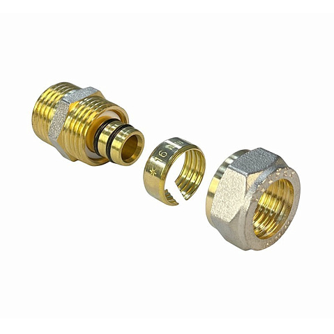 Муфты латунные для PEX труб DN 16-32 PN 10 обжимные никелированные с наружной резьбой Valfex VF.301.N купить в Саратове | "Проконсим"