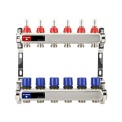  Коллекторная группа из нержавеющей стали DN 25-6 вых. G-3/4'', евроконус, с расходомерами, без дренажного крана и воздухоотводчика, VARMEGA VM15106 (930416004) со склада Проконсим в Саратове