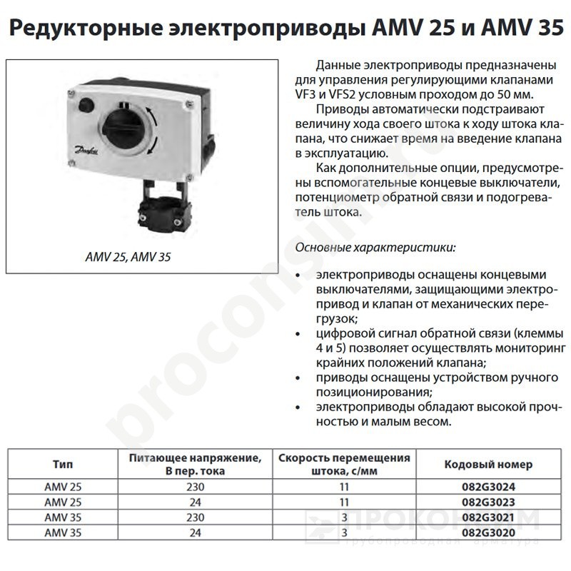 Цена [%TOWN_PRICE%].  . Электропривод AMV 35 для клапанов VF 3, VRB 2/3, VRG 2/3, VFS 5 (Ду 15-50), ход 15, 230В, Danfoss 082G3021 на складе Проконсим в Саратове